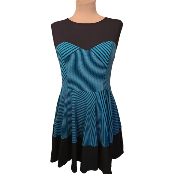 ANTHROPOLOGIE x EVA FRANCO Teal & Black Striped Swing Dress - Size 10 - Picture 3 of 14